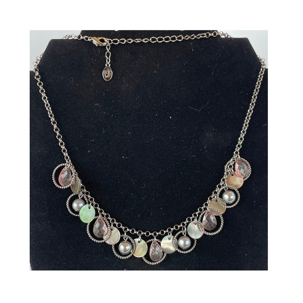 Vintage Cookie Lee Mother of Pearl Pink Bead Charm Necklace Silver Tone 18"